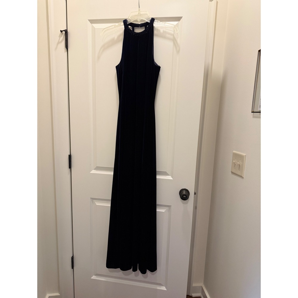 Vintage Reggio Navy Blue Velvet Beaded Halter Neck Maxi Formal Evening Gown 4